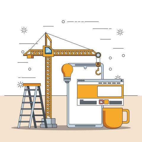 technology device maintenance support concept fixing mobile gadget smartphone with technician stairs and crane cartoon vector illustration graphic design